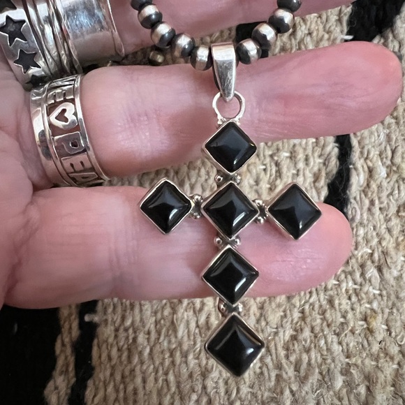 Black Onyx Jewelry - ❤️ Black Onyx Cross Sterling Southwestern Navajo Six Stone 1.84”L Pendant 4.9G